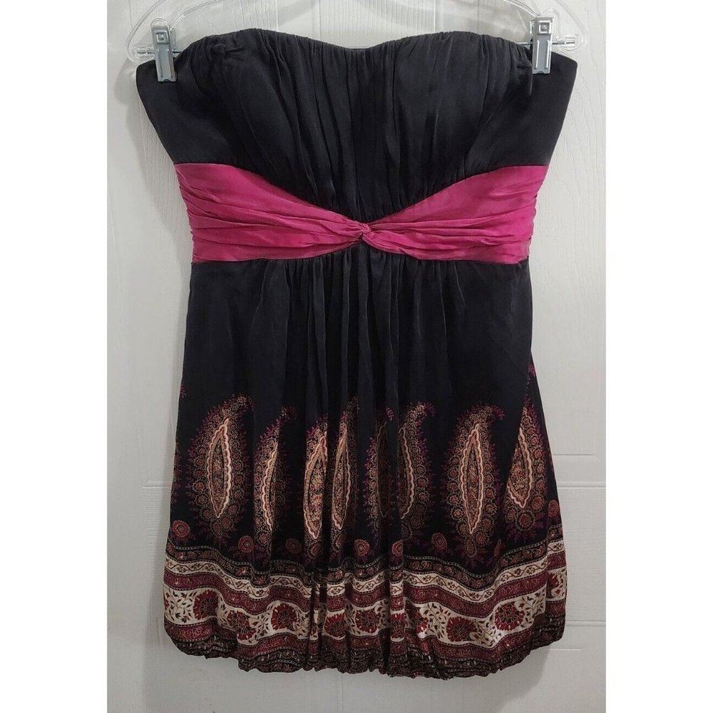 Bebe Women's Strapless Mini Party Dress Bubble Hem 100% Silk Paisley Size Medium